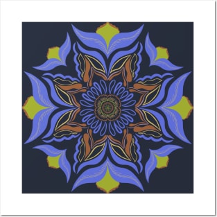 Blue Abstract Mandala Flower Posters and Art